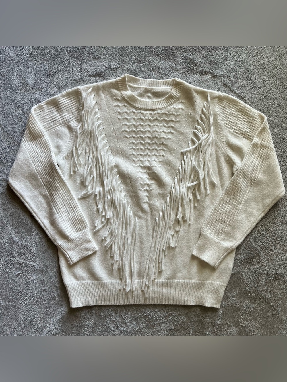 White Fringe Knit Sweater Boho Western Style